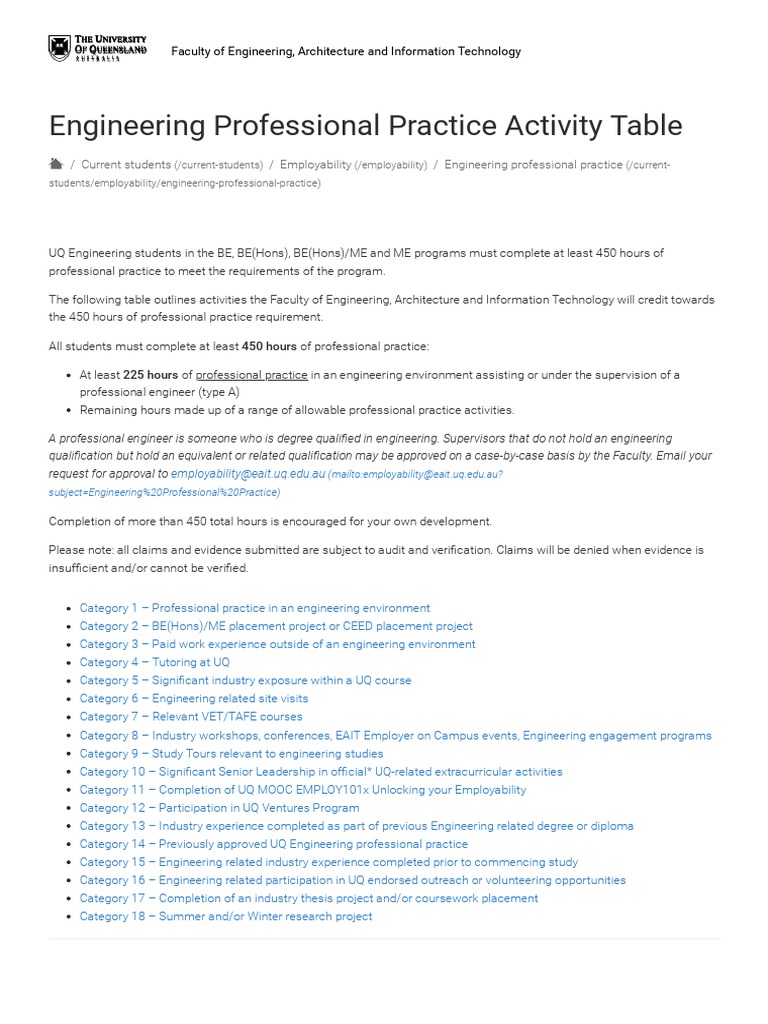 UQ Engineering Professional Practice Hours | PDF | Thesis | Academic Degree