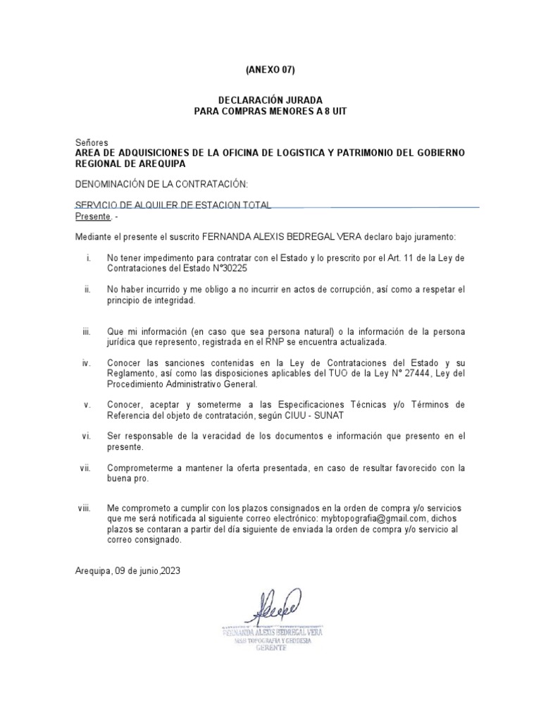Formato de Declaracion Jurada para Bienes y Servicios | PDF