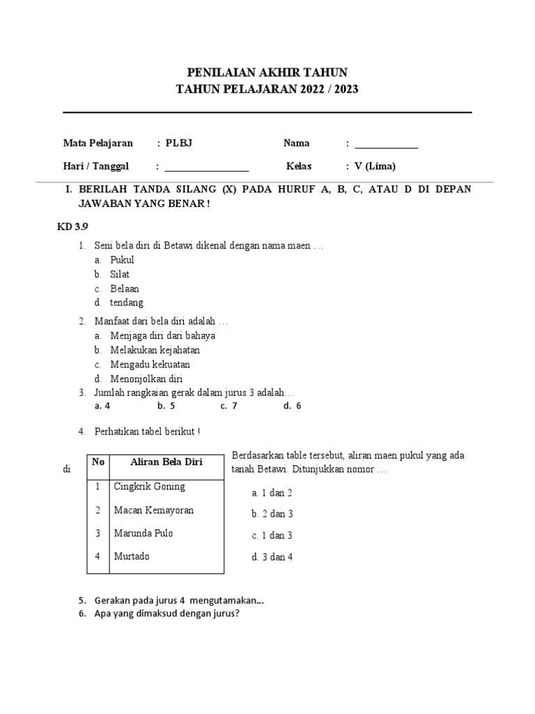 Soal Pat Plbj Kelas 5 2023 Pdf
