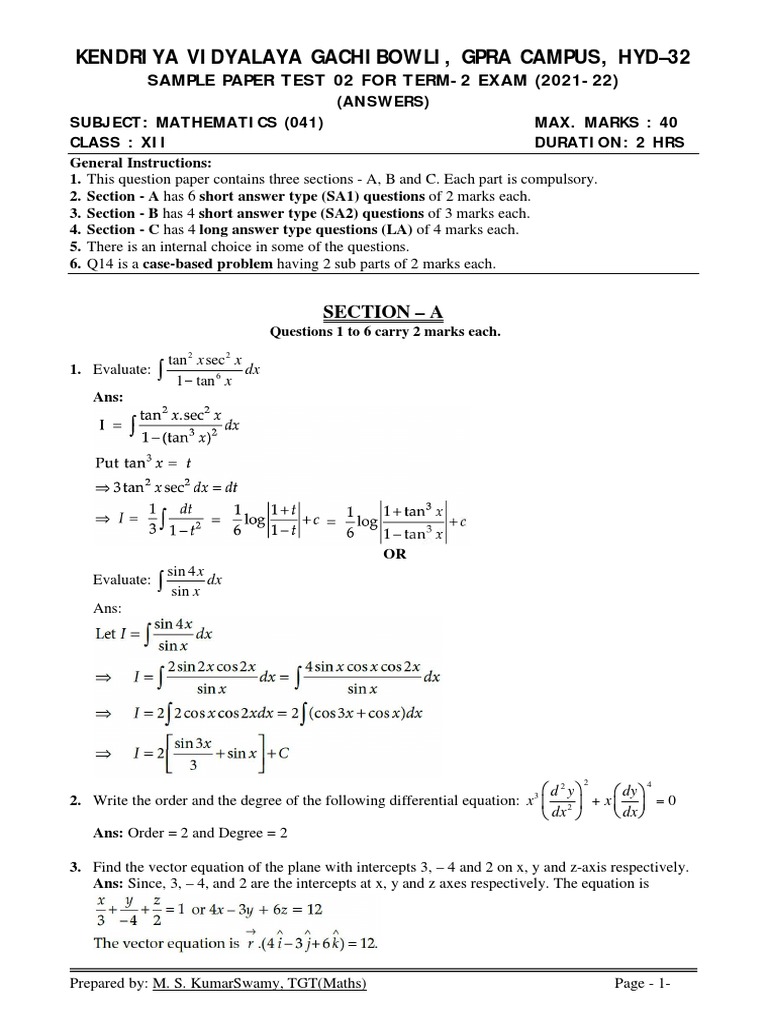 Maths Class Xii Sample Paper Test 02 of Term 2 Exam 2021 22 Answers ...
