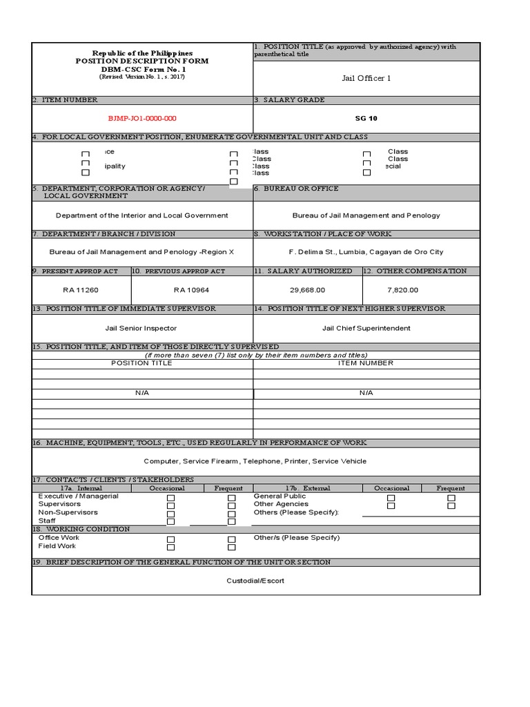 Republic of the philippines position description form dbm csc form no