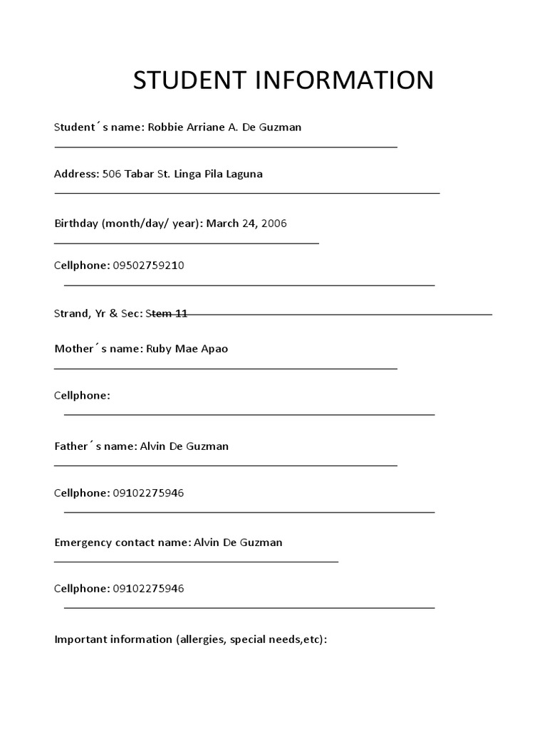 Student Information Sheet | PDF
