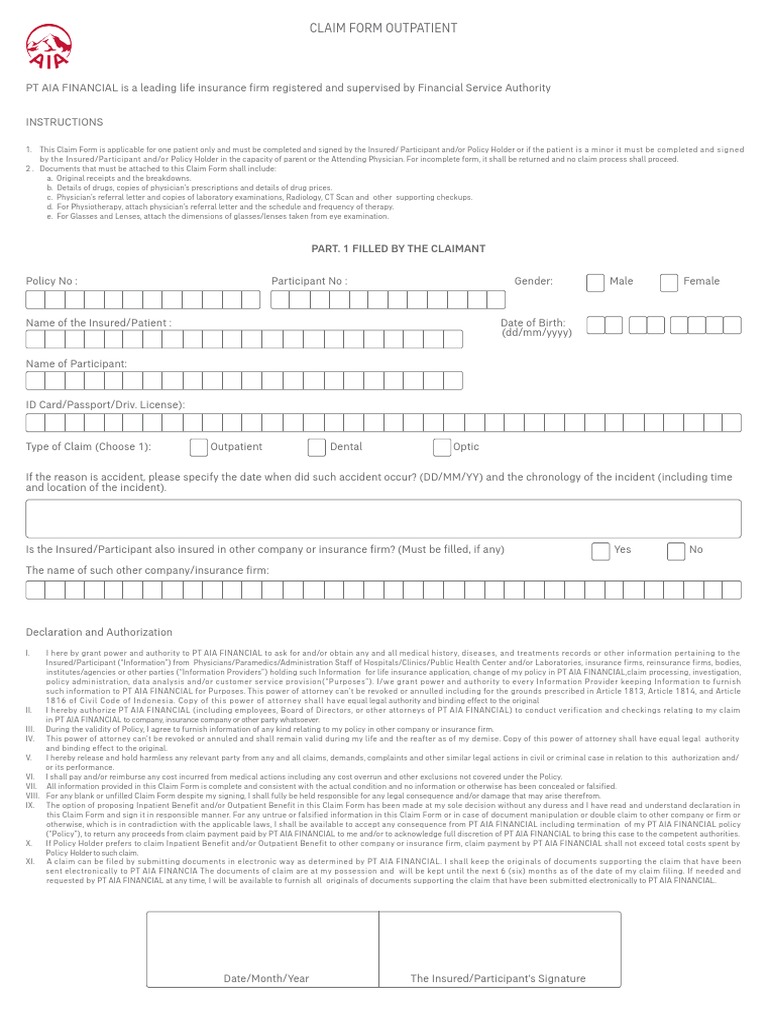 REV Outpatient Claim Form AIA Descargar gratis PDF Therapy