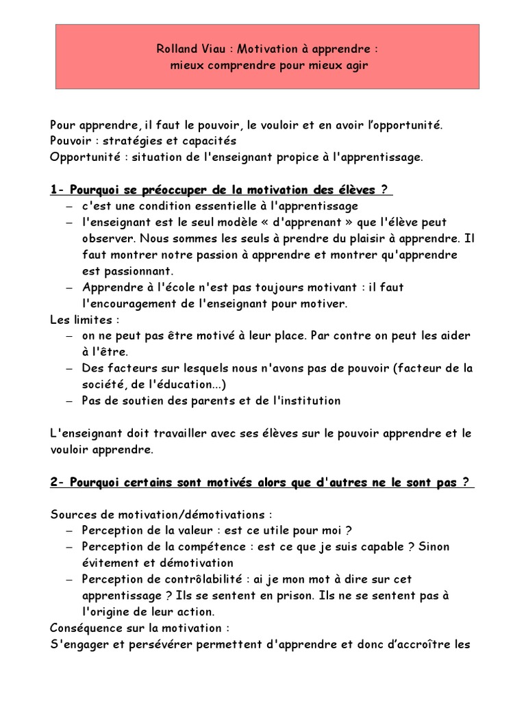 Dynamique de la motivation scolaire selon Viau | PDF | Motivation ...