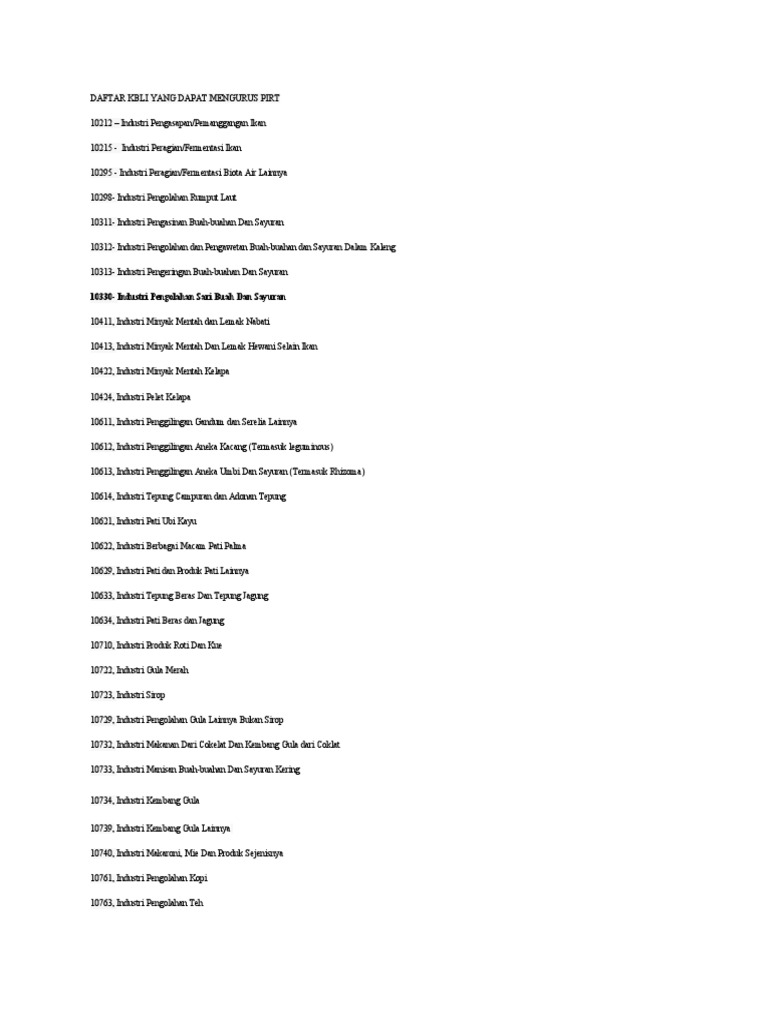 Daftar Kbli Yang Dapat Mengurus Pirt | PDF