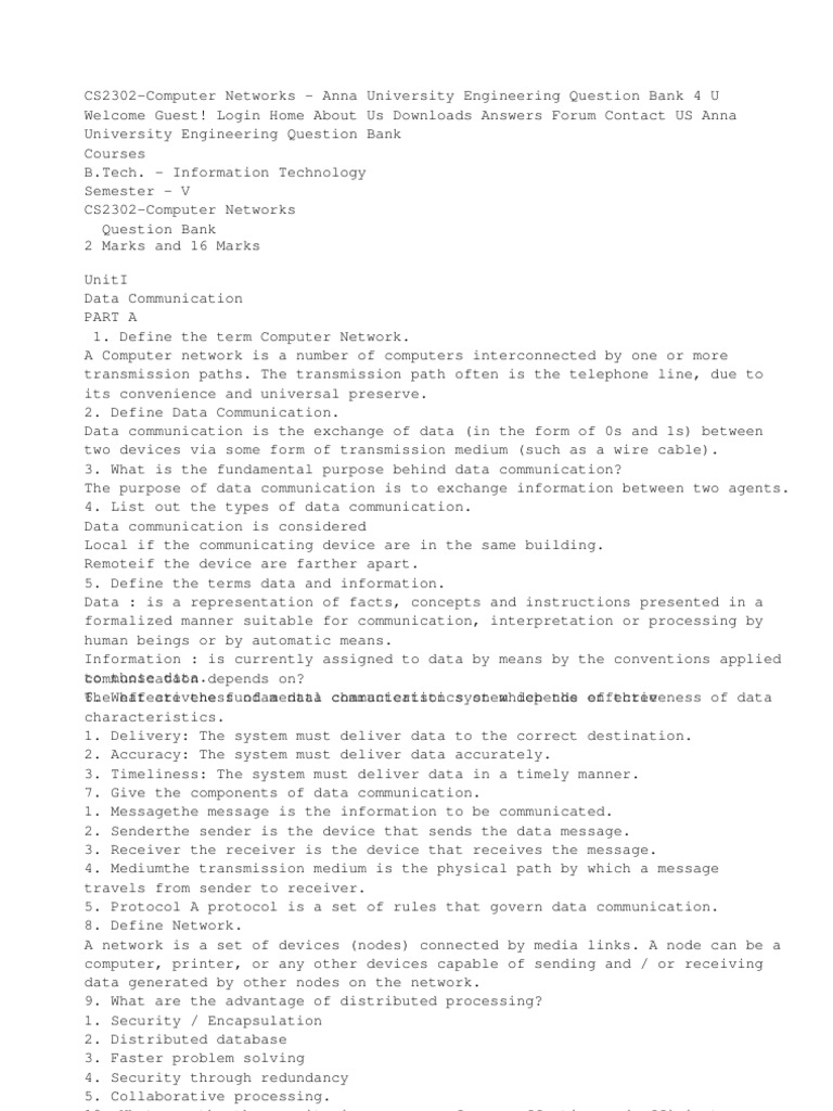 CS2302 Computer Networks Question Bank | PDF | Transmission Control ...