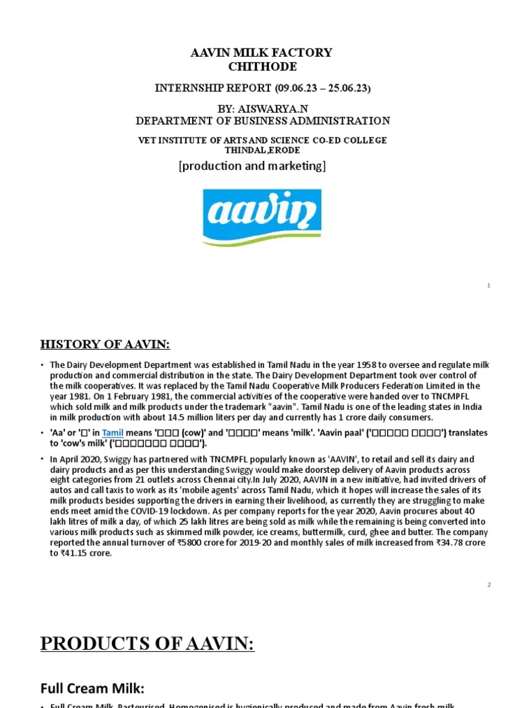 Aavin Milk Factory Internship Report | PDF | Cattle Products | Nutrition