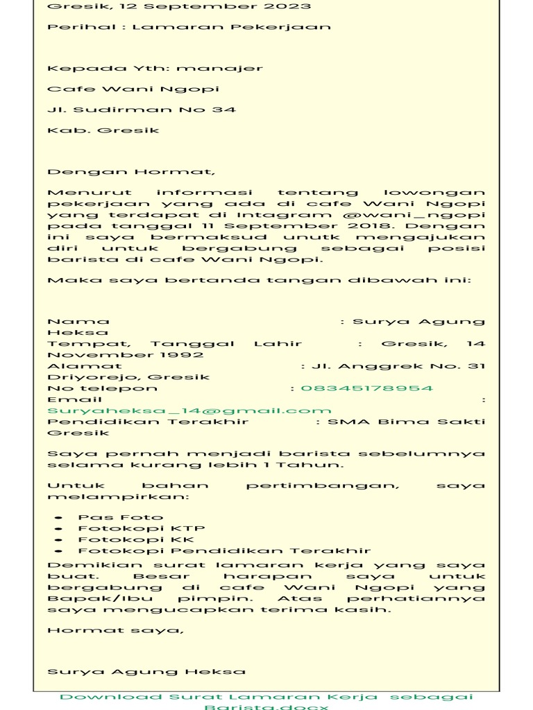 15+ Contoh Surat Lamaran Kerja Di Cafe Restoran Sebagai Waitress