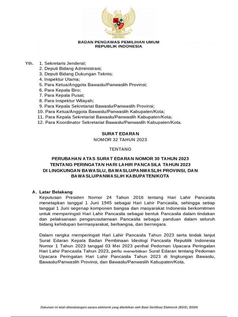 Surat Edaran Peringatan Pancasila 2023 | PDF | Politik