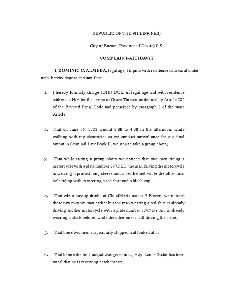 complaintaffidavitgravethreat PDF Crimes Crime & Violence