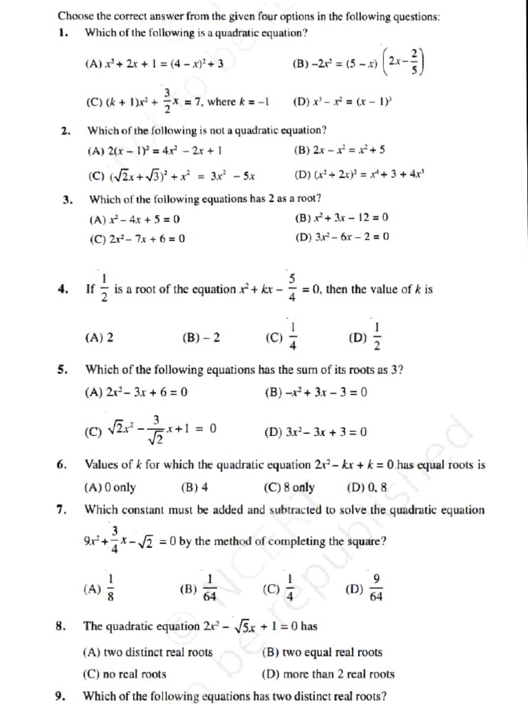 Quadratic Equations Practice Questions | PDF | Quadratic Equation ...
