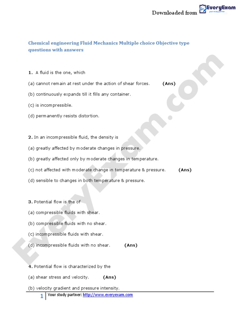 Upsc Chemical Engineering Fluid Mechanics Multiple Choice Objective