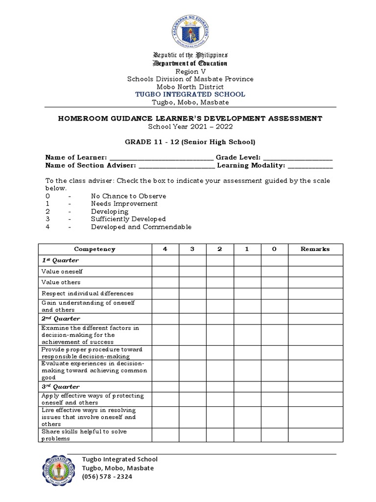 Grade 11 12homeroom Guidance Learners Development Assessment Pdf