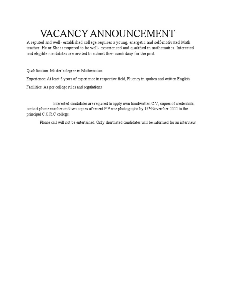 Vacancy Announcement PDF
