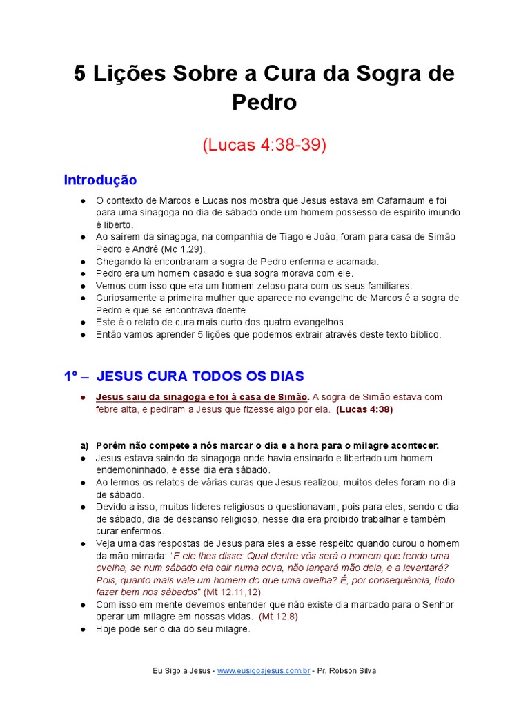 Lições da Cura da Sogra de Pedro | PDF | São Pedro | Jesus