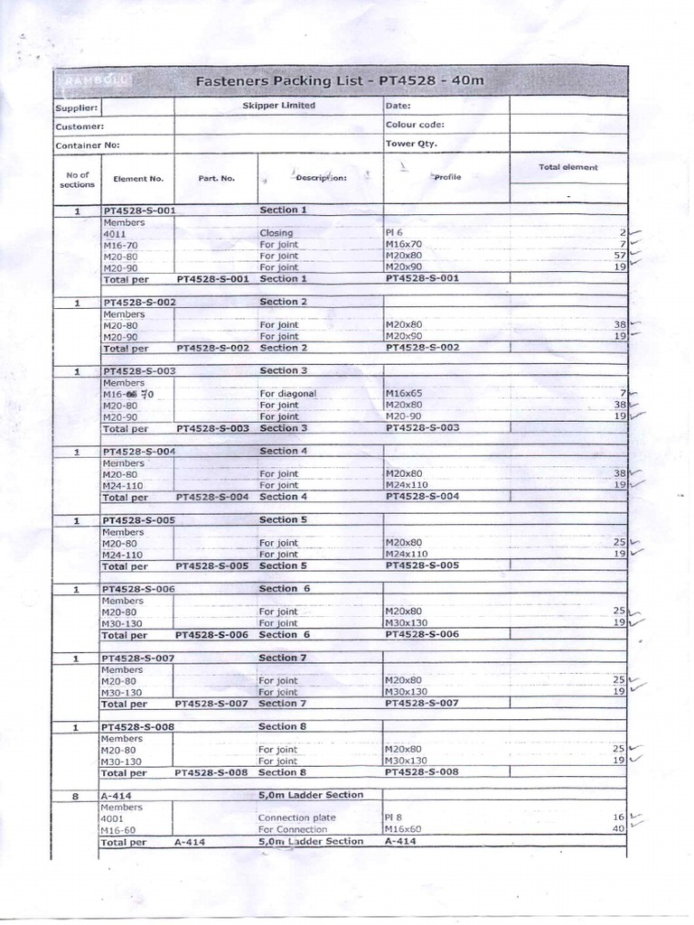 Skipper - Limited Fasteners Packing List - PT4528-40M 280 KPH 1 - 1 - 1 ...