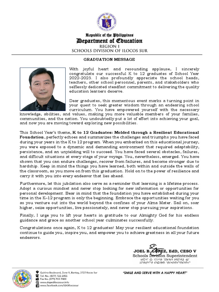 Graduation Message for K to 12 Graduates | PDF | Cognition | Behavior ...