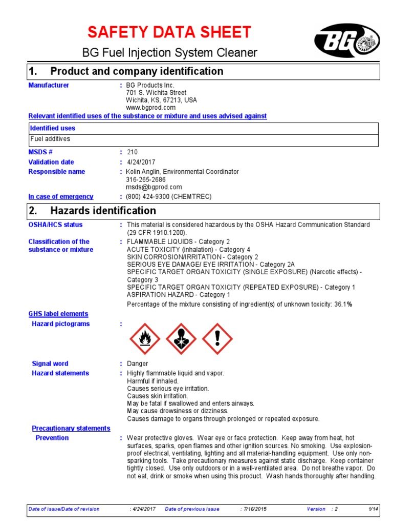 BG Fuel Injection System PDF Chemistry Occupational Safety And Health