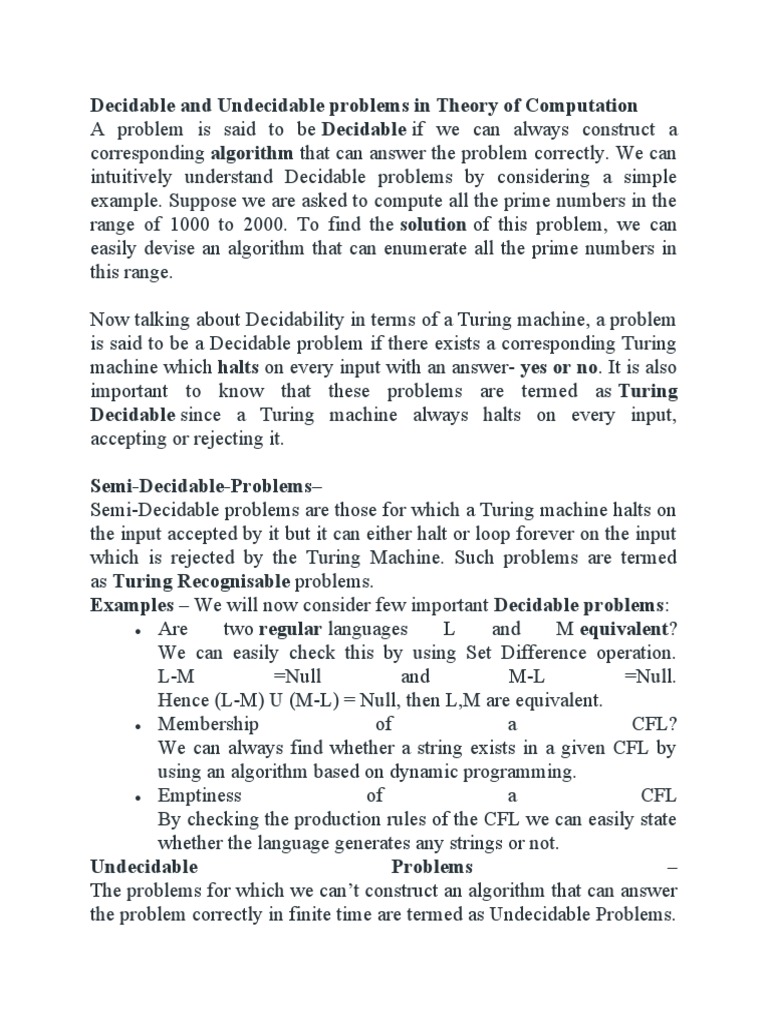 What are the undecidable problems in TOC | PDF | Time Complexity ...