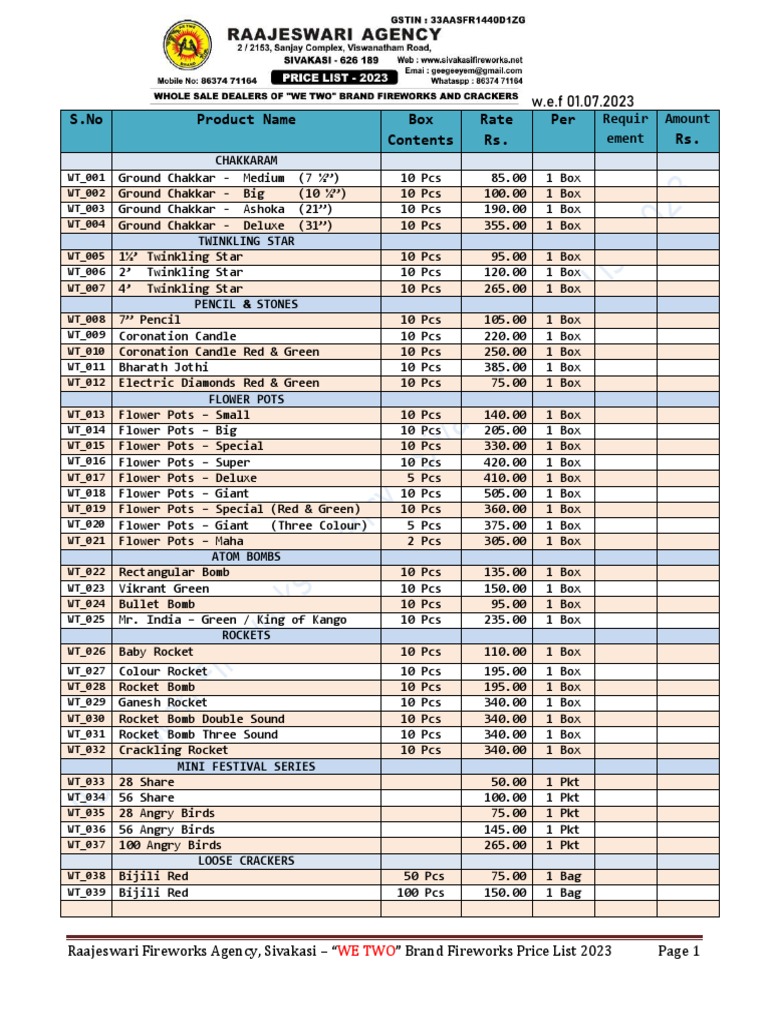 We Two Fireworks Price List 2023 | PDF