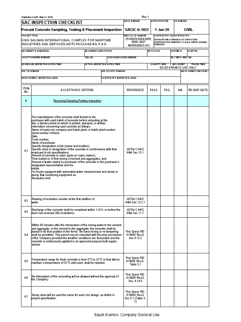 SAC Inspection Checklist for Concrete | PDF | Concrete | Civil Engineering