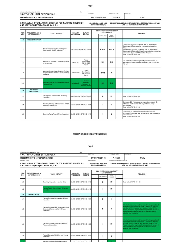 Precast Concrete Inspection Plan Guide | PDF | Quality Assurance | Concrete