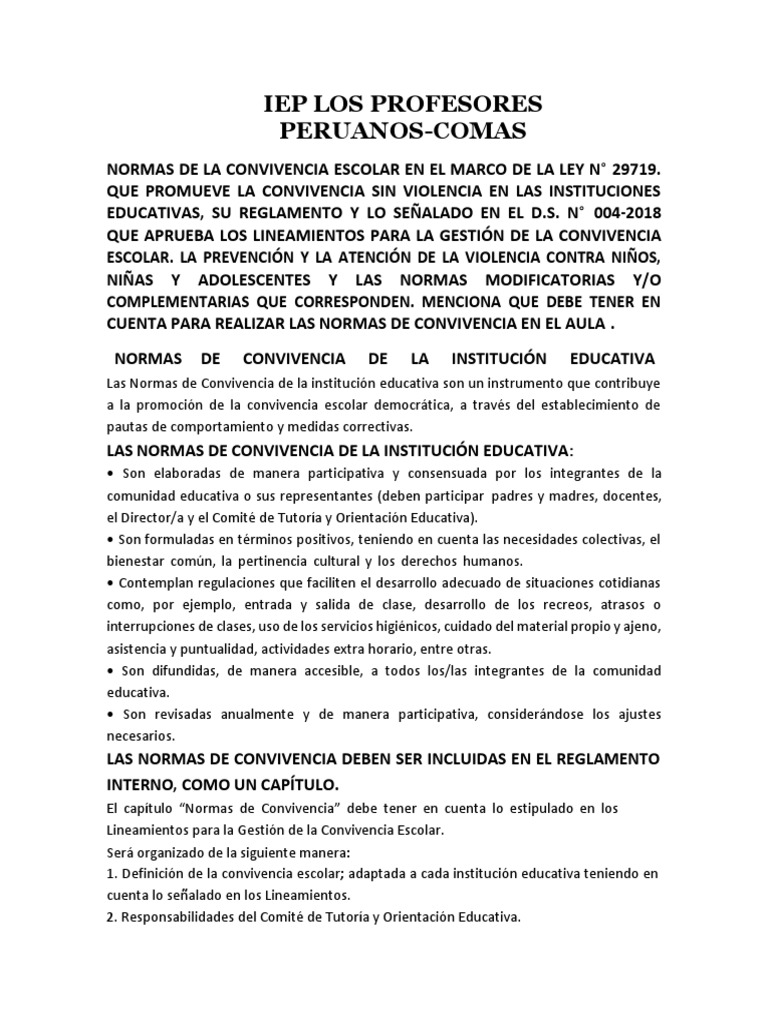 Normas de La Convivencia Escolar | PDF | La violencia contra las ...