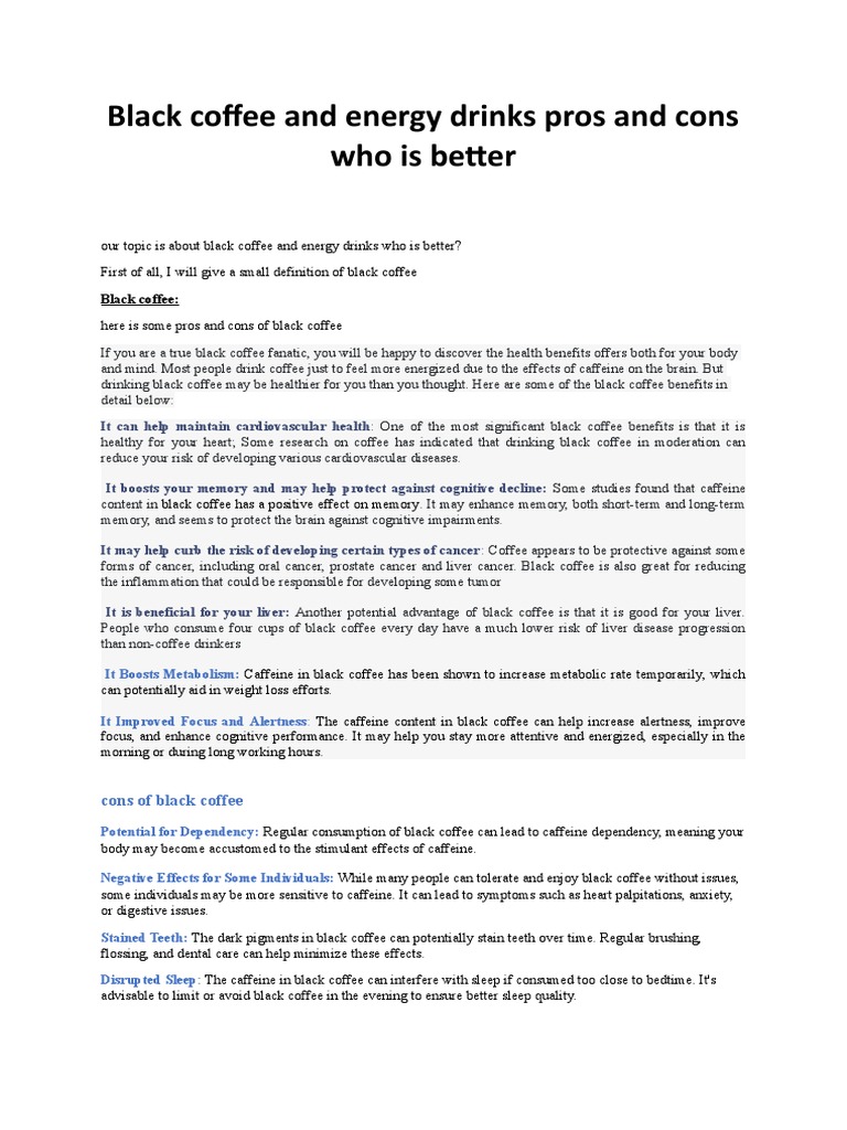 Black Coffee and Energy Drinks Pros and Cons Who Is Better PDF