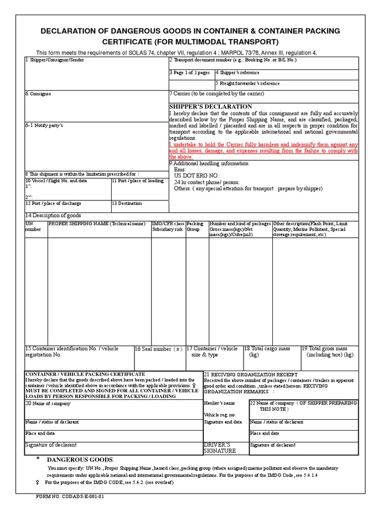 DGForm | Download Free PDF | Dangerous Goods | Cargo
