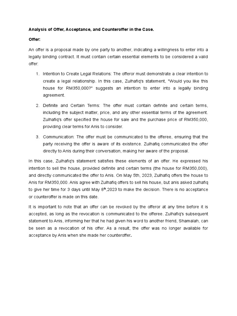 Offer, Acceptance, and Counteroffer Analysis | PDF | Offer And ...