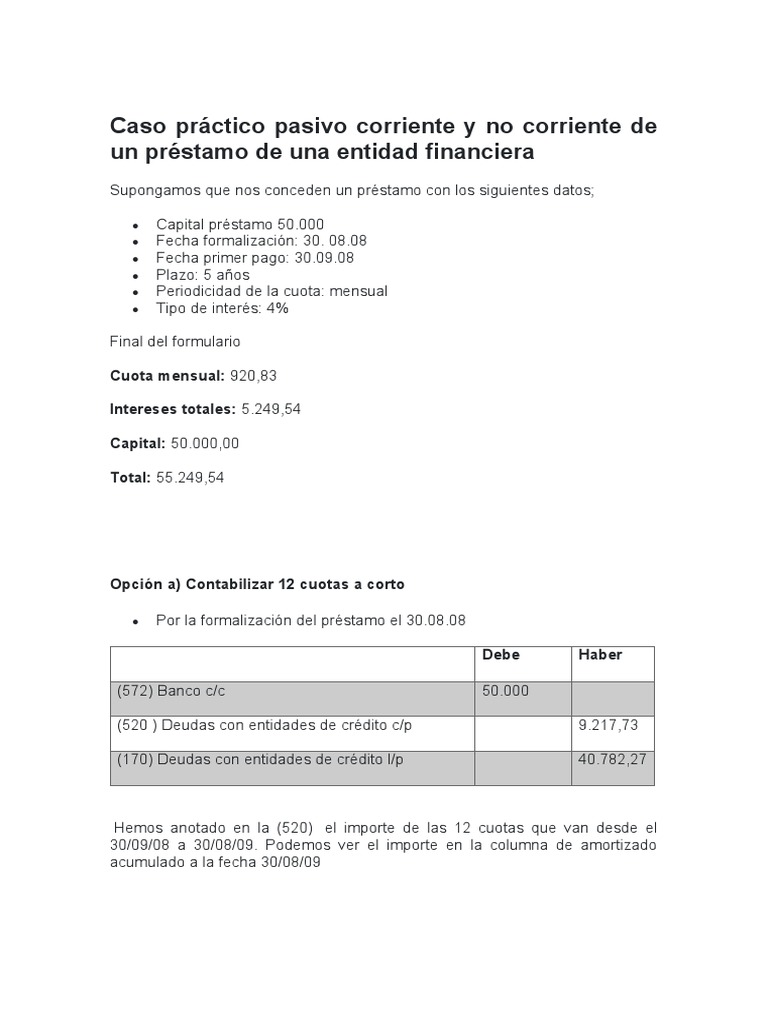 Caso Práctico Pasivo Corriente y No Corriente de Un Préstamo de Una