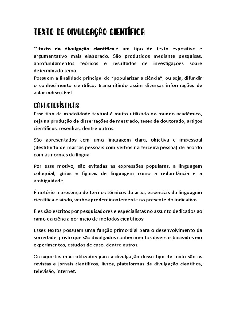 Estrutura do Texto de Divulgação Científica | PDF | Science | Ciência ...