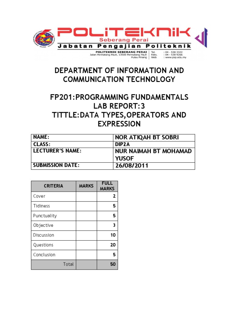 Department of Information and Communication Technology Fp201 ...