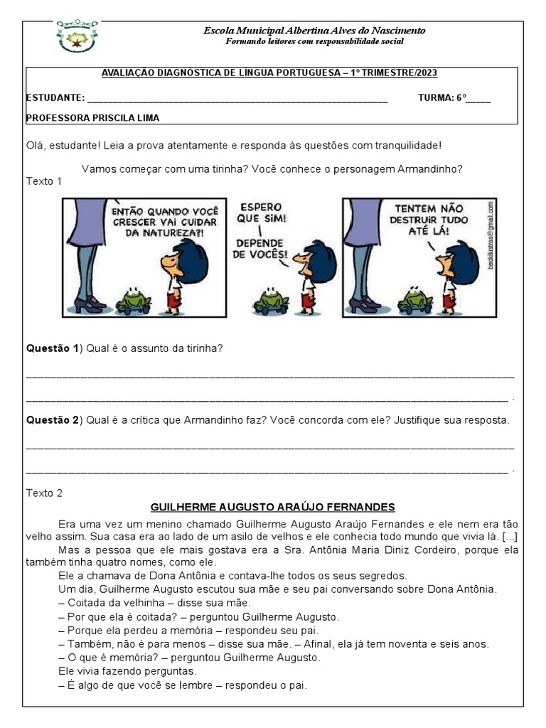 Avaliação Diagnóstica 6º ano - Português - Professora Priscila Lima | PDF