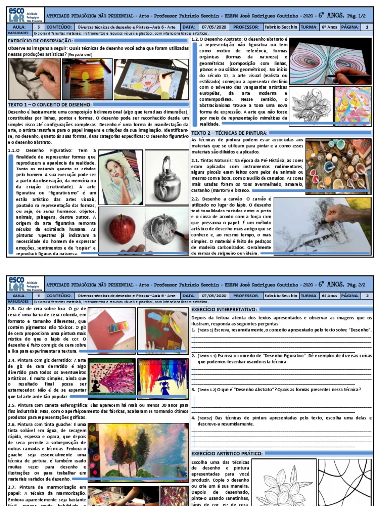 Diferentes Técnicas de Desenho e Pintura - Atividade 6 - Arte - 6º Anos ...