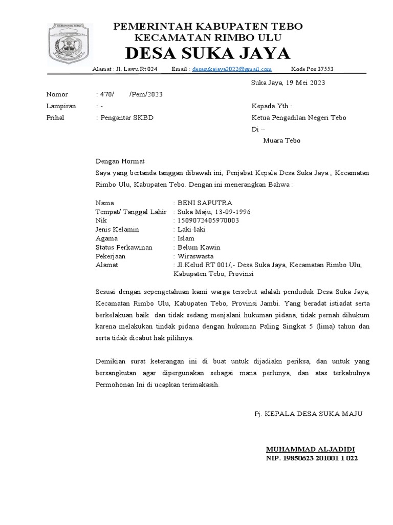 Surat Pengantar SKBD Beni Saputra | PDF