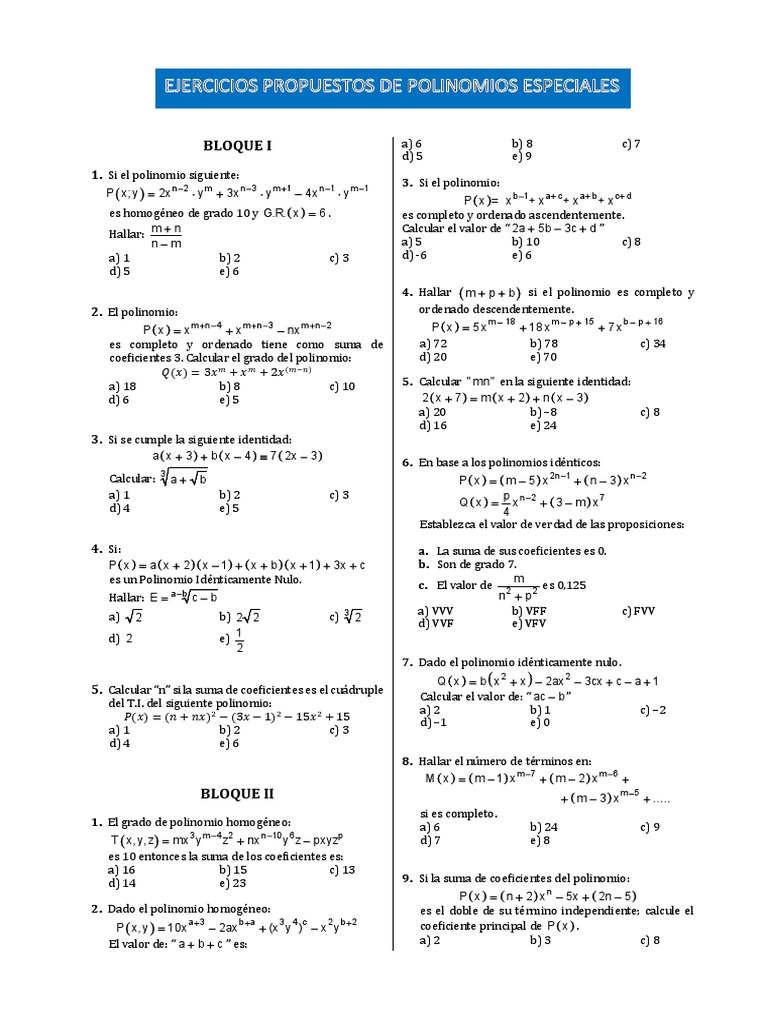 Ejercicios para Resolver de Polinomios Especiales | PDF | Matemáticas ...