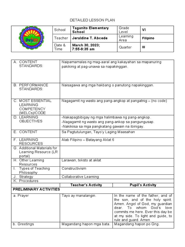 Detailed lesson plan filipino 3q pdf
