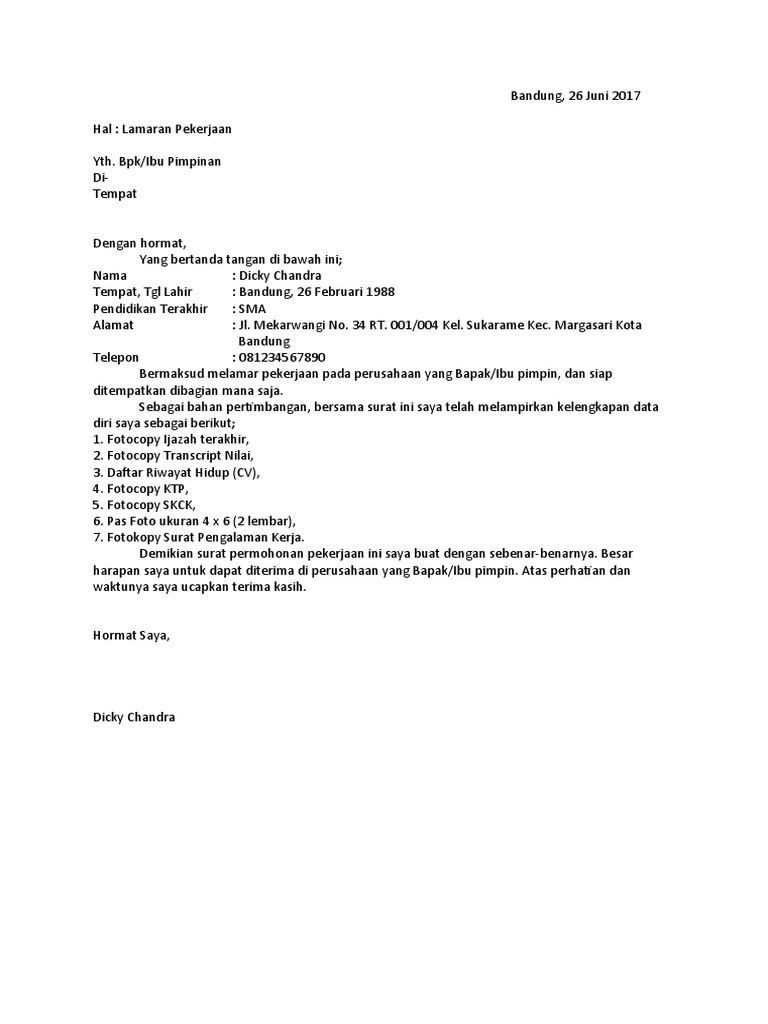 Contoh Surat Lamaran Kerja | PDF