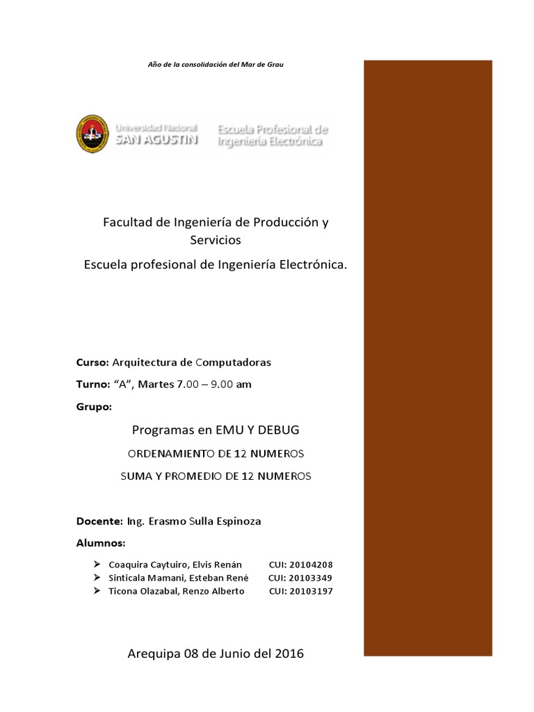 Programas en EMU y DEBUG: Suma y Ordenamiento | PDF | Ingeniería de ...