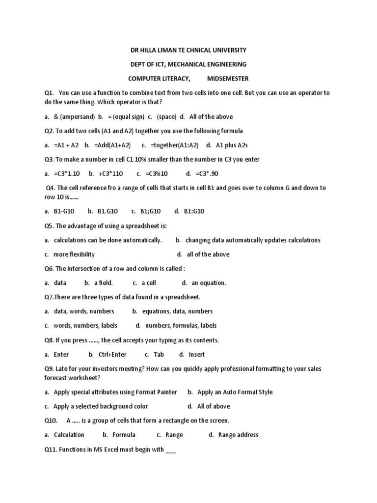 Mid Sem Computer Literacy Excel 2021 2022 PDF Microsoft Excel