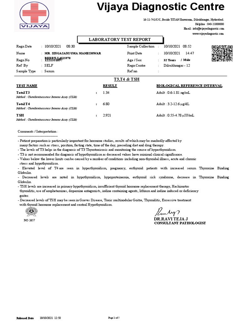 Vijaya Diagnostic Test Report Summary | PDF | Cholesterol | Hypothyroidism