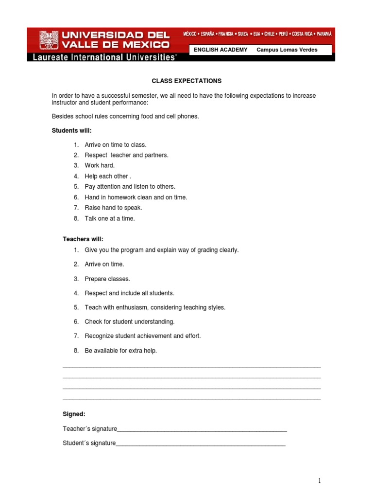 Class Expectations for Student Success | PDF | Homework | Teachers