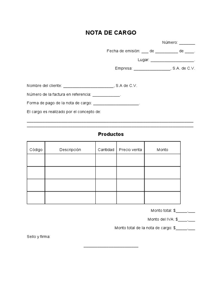 Formato de Nota de Cargo PDF