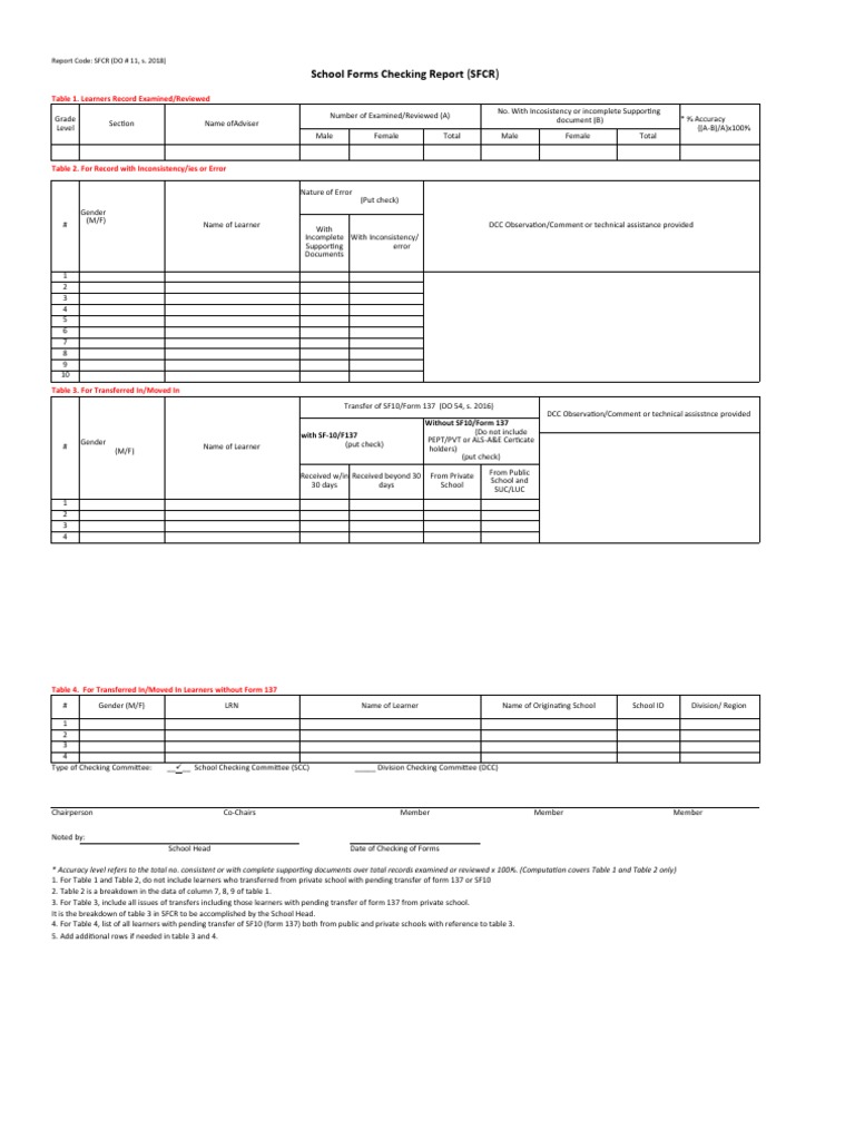 School Forms Checking Report Excel Download Free PDF Computing