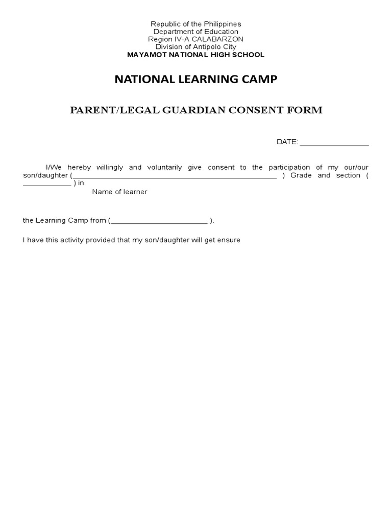 Parent Consent Form for Learning Camp | PDF