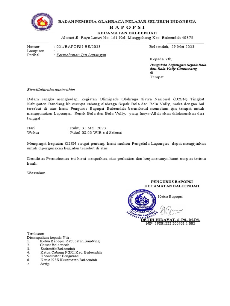 Permohonan Izin Lapangan O2SN Baleendah | PDF