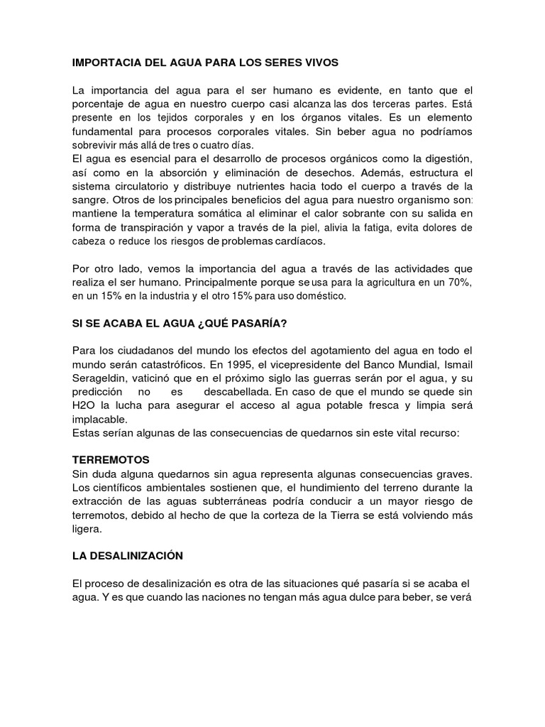La Importancia Del Agua para El Ser Humano | PDF | Agua | Desalinización