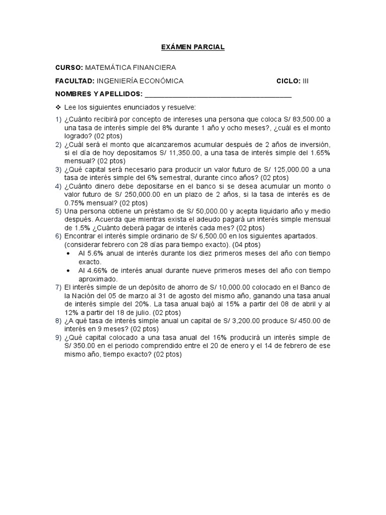 Examen de Matemáticas Financieras Resuelto | PDF