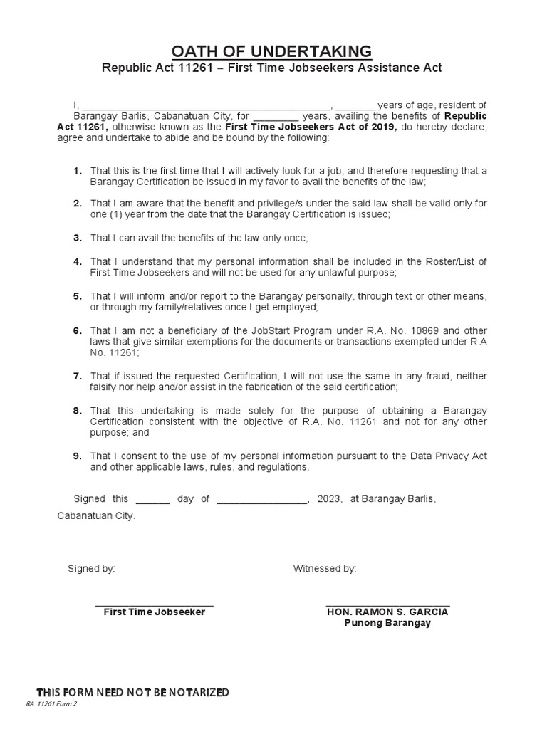 Oath of Undertaking for Jobseekers | PDF | Common Law | Government